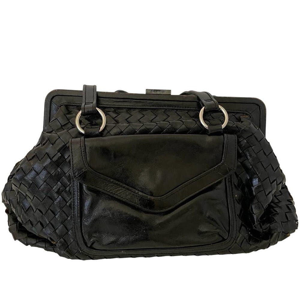 Vintage Arden B Black Woven Leather Pocket Front Clasp Lock Shoulder Bag
